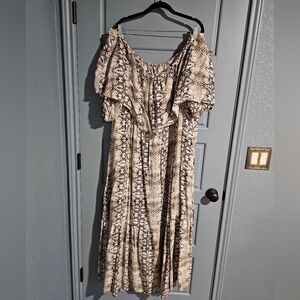 Eloquii Off-the-Shoulder Brown and Cream Reptile Pattern Maxi Dress